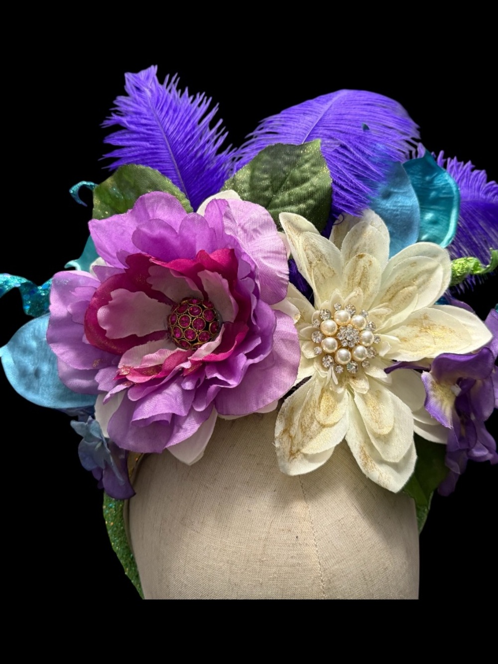 Floral Feather Headband in Purple, Cream, Teal - Women's Accessory